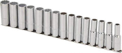 Proto - 15 Piece 1/2" Drive Chrome Finish Deep Well Socket Set - 12 Points, 10mm to 24mm Range, Metric Measurement Standard - Exact Tool & Supply