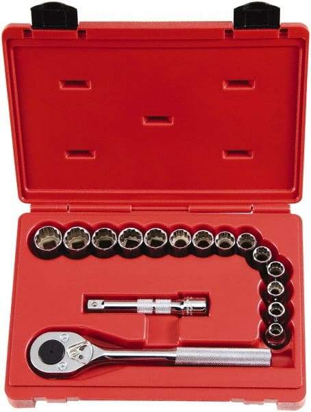Proto - 16 Piece 1/2" Drive Chrome Finish Socket Set - 12 Points, 10mm to 23mm Range, Metric Measurement Standard - Exact Tool & Supply
