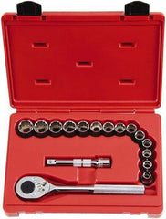 Proto - 16 Piece 1/2" Drive Chrome Finish Socket Set - 12 Points, 10mm to 23mm Range, Metric Measurement Standard - Exact Tool & Supply