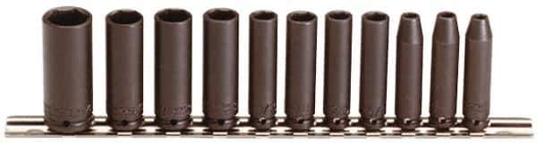 Proto - 11 Piece 1/4" Drive Black Finish Deep Well Impact Socket Set - 6 Points, 3/16" to 5/8" Range, Inch Measurement Standard - Exact Tool & Supply