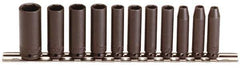 Proto - 11 Piece 1/4" Drive Black Finish Deep Well Impact Socket Set - 6 Points, 3/16" to 5/8" Range, Inch Measurement Standard - Exact Tool & Supply