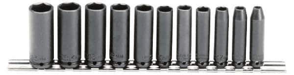 Proto - 11 Piece 1/4" Drive Black Finish Deep Well Impact Socket Set - 6 Points, 5mm to 15mm Range, Metric Measurement Standard - Exact Tool & Supply