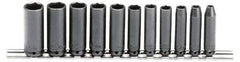 Proto - 11 Piece 1/4" Drive Black Finish Deep Well Impact Socket Set - 6 Points, 5mm to 15mm Range, Metric Measurement Standard - Exact Tool & Supply