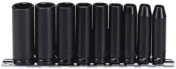 Proto - 9 Piece 3/8" Drive Black Finish Deep Well Impact Socket Set - 6 Points, 1/4" to 3/4" Range, Inch Measurement Standard - Exact Tool & Supply