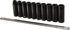Proto - 10 Piece 1/2" Drive Black Finish Deep Well Impact Socket Set - 6 Points, 10mm to 19mm Range, Metric Measurement Standard - Exact Tool & Supply