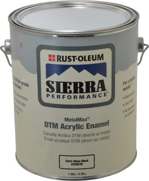 Rust-Oleum - 1 Gal Semi Gloss Black Acrylic Enamel - 180 to 545 Sq Ft/Gal Coverage, <0 g/L VOC Content, Direct to Metal - Exact Tool & Supply