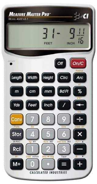 Calculated Industries - 11-Digit (7 normal, 4 Fractions) with Full Annunciators 30 Function Handheld Calculator - 5/8" x 2-1/2" (15.88mm x 63.5mm) Display Size, Silver, LR-44/A76 Powered, 7" Long x 5" Wide x 1" High - Exact Tool & Supply