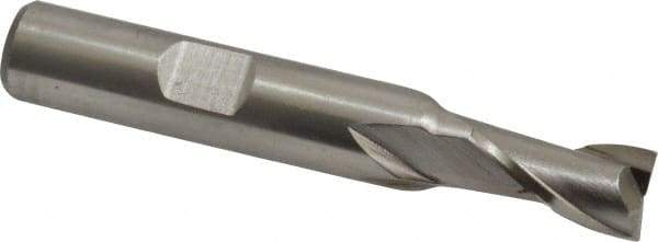 Interstate - 21/64", 9/16" LOC, 3/8" Shank Diam, 2-3/8" OAL, 2 Flute, High Speed Steel Square End Mill - Single End, Uncoated, Spiral Flute, 30° Helix, Centercutting, Right Hand Cut, Right Hand Flute - Exact Tool & Supply