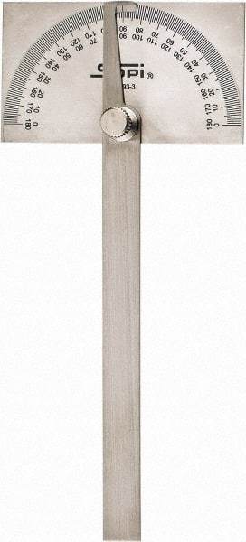 SPI - 6 Inch Long Blade, 180° Max Measurement, 1° Dial Graduation, Rectangular Head Protractor - Accuracy Up to 30 Min, 0 to 90 to 0 Dial Range - Exact Tool & Supply