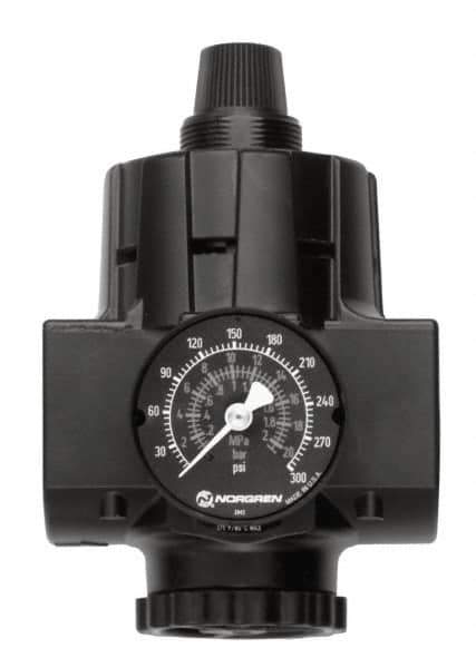 Norgren - 3/4 NPT Port, Zinc Hi-Flow Regulator - 10 to 125 psi Range, 300 Max psi Supply Pressure, 1/2" Gauge Port Thread, 2.91" Wide x 5.37" High - Exact Tool & Supply