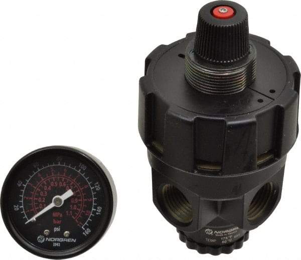 Norgren - 1/2 NPT Port, Zinc Hi-Flow Regulator - 10 to 125 psi Range, 300 Max psi Supply Pressure, 1/2" Gauge Port Thread, 2.7" Wide x 4.83" High - Exact Tool & Supply