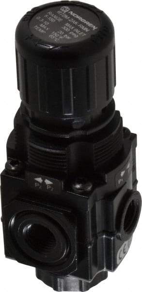 Norgren - 1/4 NPT Port, 83 CFM, Zinc Manifolding Regulator - 5 to 150 psi Range, 290 Max psi Supply Pressure, 1/8" Gauge Port Thread, 1.97" Wide x 4.19" High - Exact Tool & Supply