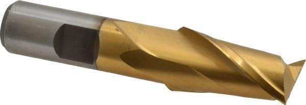 Interstate - 3/4", 1-5/16" LOC, 5/8" Shank Diam, 3-7/16" OAL, 2 Flute, High Speed Steel Square End Mill - Single End, TiN Finish, Spiral Flute, 30° Helix, Centercutting, Right Hand Cut, Right Hand Flute - Exact Tool & Supply
