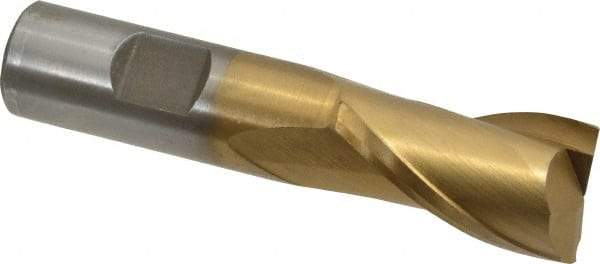 Interstate - 7/8", 1-1/2" LOC, 3/4" Shank Diam, 3-3/4" OAL, 2 Flute, High Speed Steel Square End Mill - Single End, TiN Finish, Spiral Flute, 30° Helix, Centercutting, Right Hand Cut, Right Hand Flute - Exact Tool & Supply