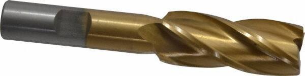 Interstate - 11/16", 1-5/8" LOC, 1/2" Shank Diam, 3-5/8" OAL, 4 Flute, High Speed Steel Square End Mill - Single End, TiN Finish, Spiral Flute, 30° Helix, Right Hand Cut, Right Hand Flute - Exact Tool & Supply