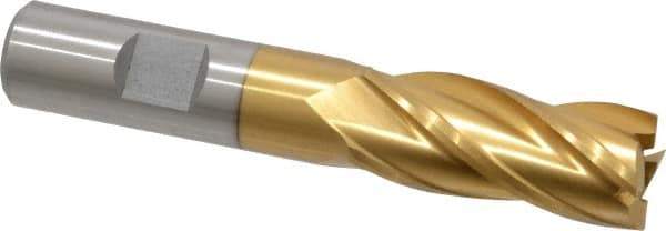 Interstate - 11/16", 1-5/8" LOC, 5/8" Shank Diam, 3-3/4" OAL, 4 Flute, High Speed Steel Square End Mill - Single End, TiN Finish, Spiral Flute, 30° Helix, Right Hand Cut, Right Hand Flute - Exact Tool & Supply