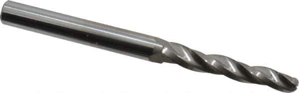 Accupro - 1° Taper Angle per Side, 3/16" Small End Diam, 1-1/4" LOC, Solid Carbide 3 Flute Tapered Ball End Mill - 3" OAL, 1/4" Shank Diam - Exact Tool & Supply