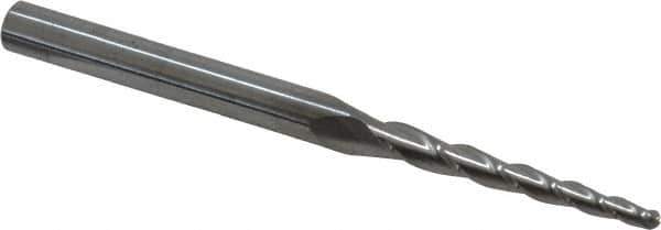 Accupro - 2° Taper Angle per Side, 5/64" Small End Diam, 1" LOC, Solid Carbide 3 Flute Tapered Ball End Mill - 2-1/2" OAL, 3/16" Shank Diam - Exact Tool & Supply
