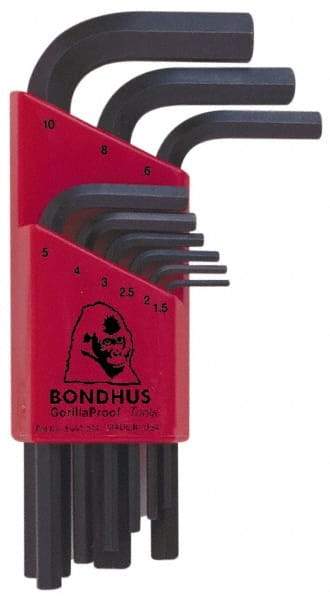 Bondhus - 9 Piece L-Key Hex Key Set - Hex Range 1.5 to 10mm - Exact Tool & Supply