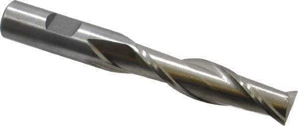 Interstate - 5/8", 2-1/2" LOC, 5/8" Shank Diam, 4-5/8" OAL, 2 Flute, High Speed Steel Square End Mill - Single End, Uncoated, Spiral Flute, 30° Helix, Centercutting, Right Hand Cut, Right Hand Flute - Exact Tool & Supply