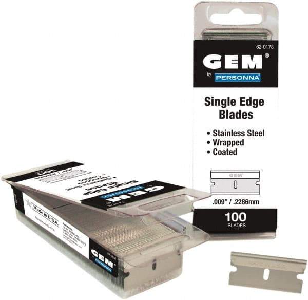 GEM - 100 Piece Stainless Steel Single Edge Blade - 1-1/2" OAL, 0.009" Blade Thickness - Exact Tool & Supply