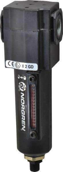 Norgren - 1/4" Port, 6.02" High x 1.98" Wide Compact Filter with Metal Bowl, Automatic Drain - 55 SCFM, 150 Max psi, 150°F Max Temp, Sight Glass Included, Modular Connection, 2.2 oz Bowl Capacity - Exact Tool & Supply