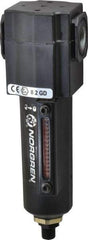 Norgren - 1/4" Port, 6.02" High x 1.98" Wide Compact Filter with Metal Bowl, Automatic Drain - 55 SCFM, 150 Max psi, 150°F Max Temp, Sight Glass Included, Modular Connection, 2.2 oz Bowl Capacity - Exact Tool & Supply