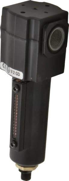 Norgren - 3/8" Port, 6.02" High x 1.98" Wide Compact Filter with Metal Bowl, Automatic Drain - 55 SCFM, 150 Max psi, 150°F Max Temp, Sight Glass Included, Modular Connection, 2.2 oz Bowl Capacity - Exact Tool & Supply