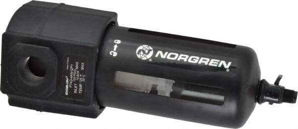 Norgren - 1/2" Port, 7.95" High x 3.15" Wide Standard Filter with Polycarbonate Bowl, Manual Drain - 140 SCFM, 150 Max psi, 125°F Max Temp, Modular Connection, Bowl Guard, 7 oz Bowl Capacity - Exact Tool & Supply