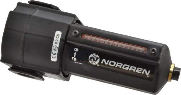 Norgren - 1/2" Port, 7.95" High x 3.15" Wide Standard Filter with Metal Bowl, Automatic Drain - 140 SCFM, 250 Max psi, 150°F Max Temp, Sight Glass Included, Modular Connection, 7 oz Bowl Capacity - Exact Tool & Supply
