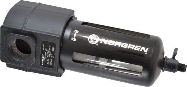 Norgren - 3/4" Port, 7.95" High x 3.15" Wide Standard Filter with Polycarbonate Bowl, Manual Drain - 140 SCFM, 150 Max psi, 125°F Max Temp, Modular Connection, Bowl Guard, 7 oz Bowl Capacity - Exact Tool & Supply