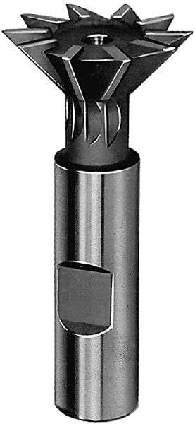Made in USA - 2-1/2" Diam x 3/4" Width of Cut, 45° Included Angle, High Speed Steel Dovetail Cutter - 1" Shank Diam, 3" Shank Length, 3-3/4" Overall Length, Weldon Flat, TiN Coated - Exact Tool & Supply
