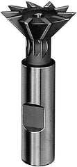 Made in USA - 1-7/8" Diam x 1/2" Width of Cut, 45° Included Angle, High Speed Steel Dovetail Cutter - 7/8" Shank Diam, 2-3/4" Shank Length, 3-1/4" Overall Length, Weldon Flat, TiN Coated - Exact Tool & Supply