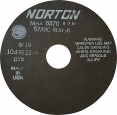 Norton - 6" 90 Grit Aluminum Oxide Cutoff Wheel - 0.015" Thick, 1-1/4" Arbor, 6,370 Max RPM, Use with Stationary Tools - Exact Tool & Supply