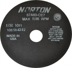 Norton - 7" 60 Grit Aluminum Oxide Cutoff Wheel - 1/32" Thick, 1-1/4" Arbor, 5,185 Max RPM, Use with Stationary Tools - Exact Tool & Supply