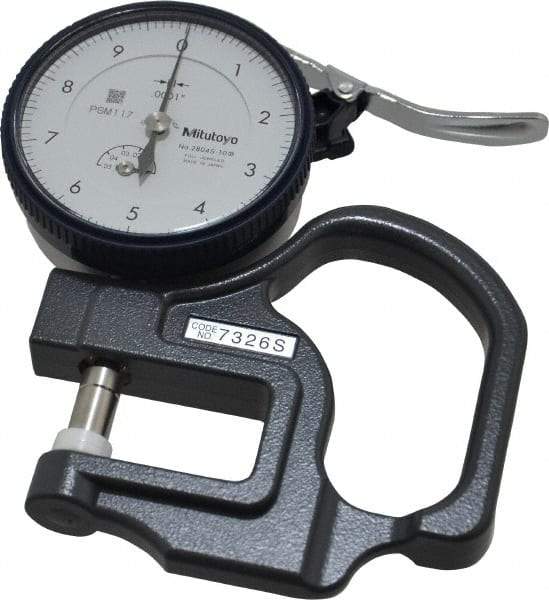 Mitutoyo - 0 to 0.05 Inch Measurement, 0.00005 Inch Graduation, 1.1811 Inch Throat Depth, Dial Thickness Gage - 0.0002 Inch Accuracy, 1.4 N Force, 2 Inch Dial Diameter - Exact Tool & Supply