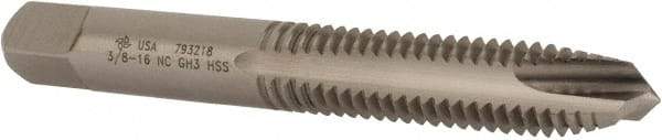 Made in USA - 3/8-16 UNC, 3 Flute, Bright Finish, High Speed Steel Spiral Point Tap - Plug Chamfer, Right Hand Thread, 2-15/16" OAL, 1-1/4" Thread Length, 0.381" Shank Diam, 3B Class of Fit - Exact Tool & Supply