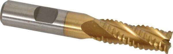 Interstate - 15/32" Diam, 1-1/4" LOC, 4 Flute Cobalt Roughing & Finishing Square End Mill - TiN Finish, 3-1/4" OAL, 1/2" Shank Diam, Weldon Shank, 30° Helix, Non-Centercutting - Exact Tool & Supply
