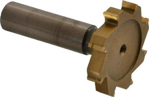 Made in USA - 1-1/2" Diam x 1/4" Face Width, Carbide-Tipped, 8 Teeth, Shank Connection Woodruff Keyseat Cutter - TiN Finish, 2-1/4" OAL x 1/2" Shank, Straight Teeth, ANSI 812, Old Standard 24 - Exact Tool & Supply
