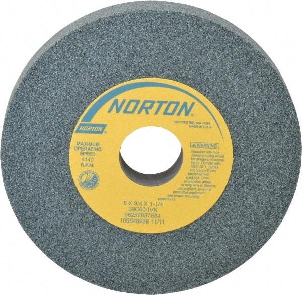Norton - 6" Diam x 1-1/4" Hole x 3/4" Thick, I Hardness, 60 Grit Surface Grinding Wheel - Silicon Carbide, Type 1, Medium Grade, 4,140 Max RPM, Vitrified Bond, No Recess - Exact Tool & Supply