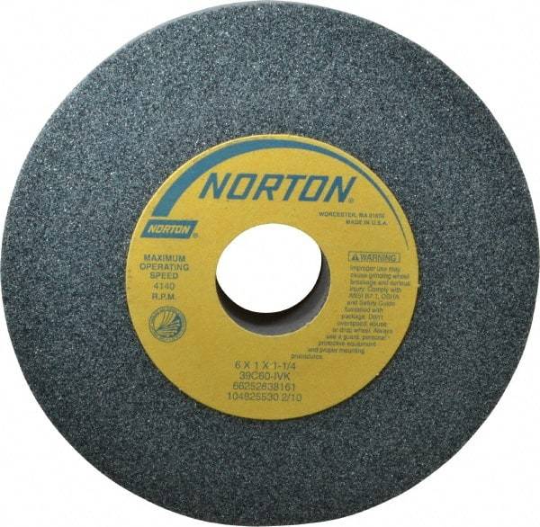 Norton - 6" Diam x 1-1/4" Hole x 1" Thick, I Hardness, 60 Grit Surface Grinding Wheel - Silicon Carbide, Type 1, Medium Grade, 4,140 Max RPM, Vitrified Bond, No Recess - Exact Tool & Supply