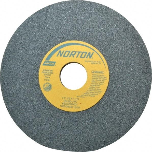 Norton - 7" Diam x 1-1/4" Hole x 1/4" Thick, J Hardness, 80 Grit Surface Grinding Wheel - Silicon Carbide, Type 1, Medium Grade, 3,600 Max RPM, Vitrified Bond, No Recess - Exact Tool & Supply