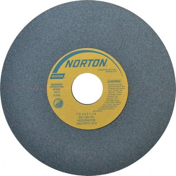 Norton - 7" Diam x 1-1/4" Hole x 1/4" Thick, I Hardness, 100 Grit Surface Grinding Wheel - Silicon Carbide, Type 1, Fine Grade, 3,600 Max RPM, Vitrified Bond, No Recess - Exact Tool & Supply