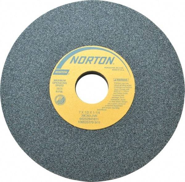 Norton - 7" Diam x 1-1/4" Hole x 1/2" Thick, J Hardness, 60 Grit Surface Grinding Wheel - Silicon Carbide, Type 1, Medium Grade, 3,600 Max RPM, Vitrified Bond, No Recess - Exact Tool & Supply