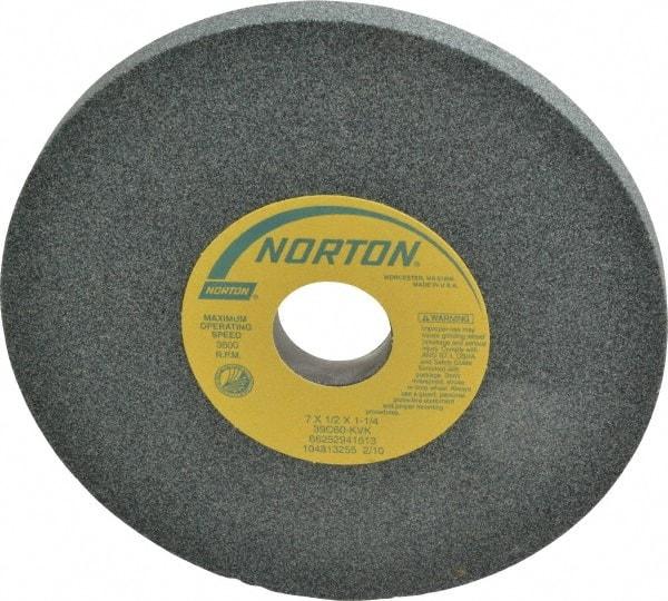 Norton - 7" Diam x 1-1/4" Hole x 1/2" Thick, K Hardness, 60 Grit Surface Grinding Wheel - Silicon Carbide, Type 1, Medium Grade, 3,600 Max RPM, Vitrified Bond, No Recess - Exact Tool & Supply