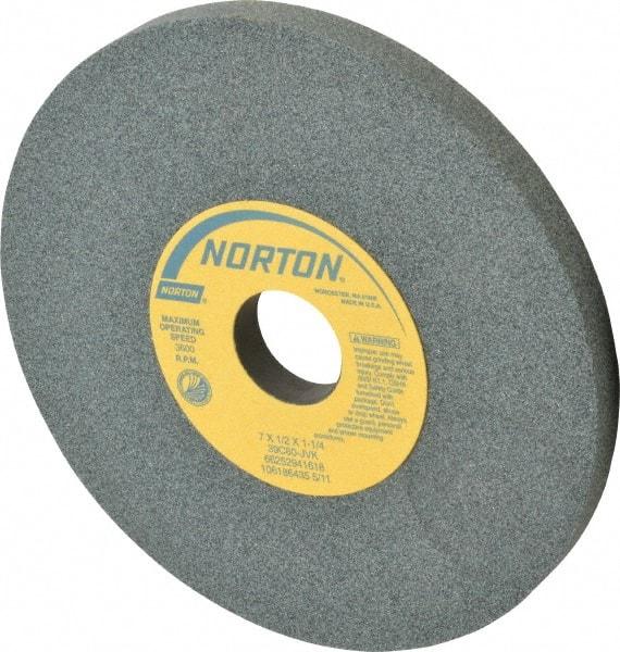 Norton - 7" Diam x 1-1/4" Hole x 1/2" Thick, J Hardness, 80 Grit Surface Grinding Wheel - Silicon Carbide, Type 1, Medium Grade, 3,600 Max RPM, Vitrified Bond, No Recess - Exact Tool & Supply