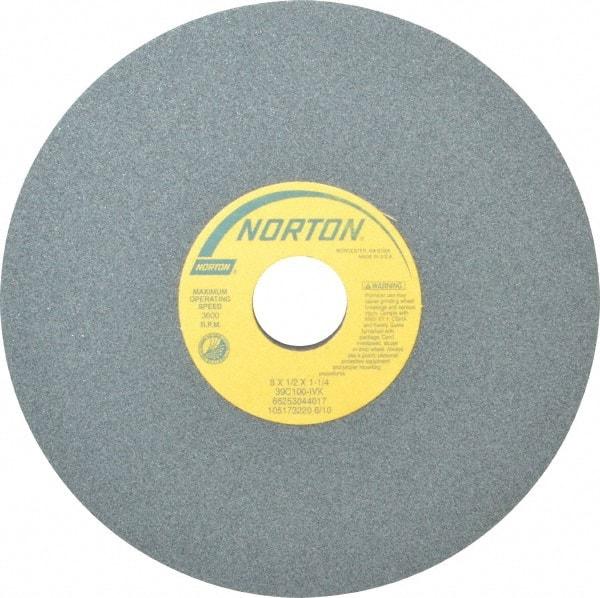 Norton - 8" Diam x 1-1/4" Hole x 1/2" Thick, I Hardness, 100 Grit Surface Grinding Wheel - Silicon Carbide, Type 1, Fine Grade, 3,600 Max RPM, Vitrified Bond, No Recess - Exact Tool & Supply