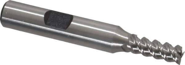 Interstate - 1/4" Diam, 5/8" LOC, 3 Flute Cobalt Roughing & Finishing Square End Mill - Uncoated, 2-7/16" OAL, 3/8" Shank Diam, Weldon Shank, 60° Helix, Centercutting, Regular Length - Exact Tool & Supply