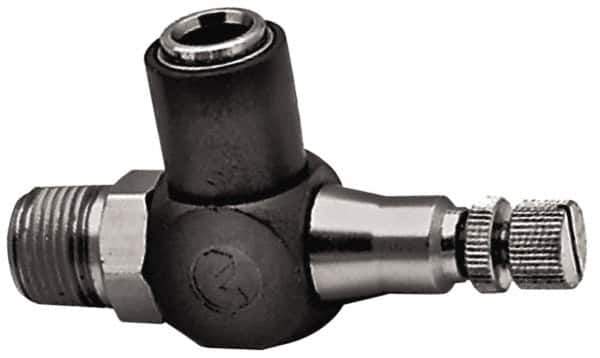 Norgren - 1/2" Tube Inlet x 1/2" NPTF Outlet Right Angle Adjustable Flow Control Valve - 5 to 150 psi, Needle Valve & Thermoplastic Material - Exact Tool & Supply