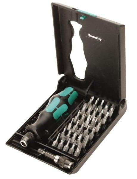 Wera - 32 Piece, 1/4" Drive Screwdriver Tamperproof Bit Set - Tamperproof 2 to 6mm Hex, Tamperproof 7 to 40 Torx, #0, #1, #2 & #3 Square Recess - Exact Tool & Supply